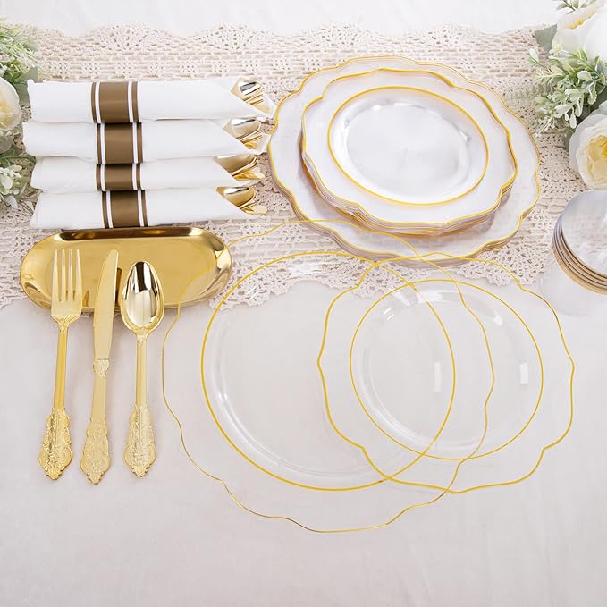 NOCCUR 50Guest Gold Rim Clear Plastic Plates&Disposable Silverware Cups-Include 100Plastic Plates, 150Gold Utensils, 50Cups and 50Napkins-Idea for Wedding/Fall Party/Thanksgiving