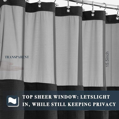 N&Y HOME Extra Long Waffle Weave Shower Curtain with Snap-in Fabric Liner Set, 12 Black Hooks Included - 71" x 84", Hotel Style, Mesh Top Window, Machine Washable & Water-Repellent - 71x84, Black