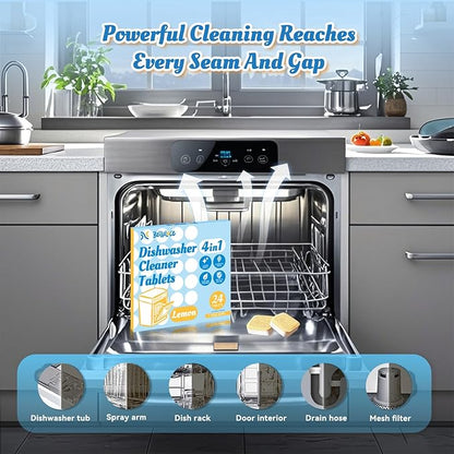Dishwasher Cleaner Tablets Deodorizer-48 Pack Deep Cleaning Dish Washer Descaler Freshener-Grime Limescale Heavy Duty Grease Odor Smell Remover-for All Dishwashers Lemon Foaming 2 Year Supply