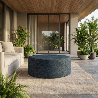 Blue Round Woven Fabric Upholstered Ottoman, 38 Inches, Lightweight, Stylish Outdoor Furniture for Patio, Garden, Balcony