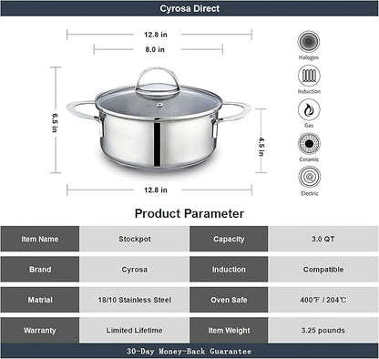 Tri-Ply Stainless Steel Sauce Pan with Steamer Basket & Straining Glass Lid — Heavy-Duty,Thick Base,Rust-Resistant,Warp-Free —100% Food-Grade —Built to Last– Works with All Stovetops, Pasta Pot 2.5 QT