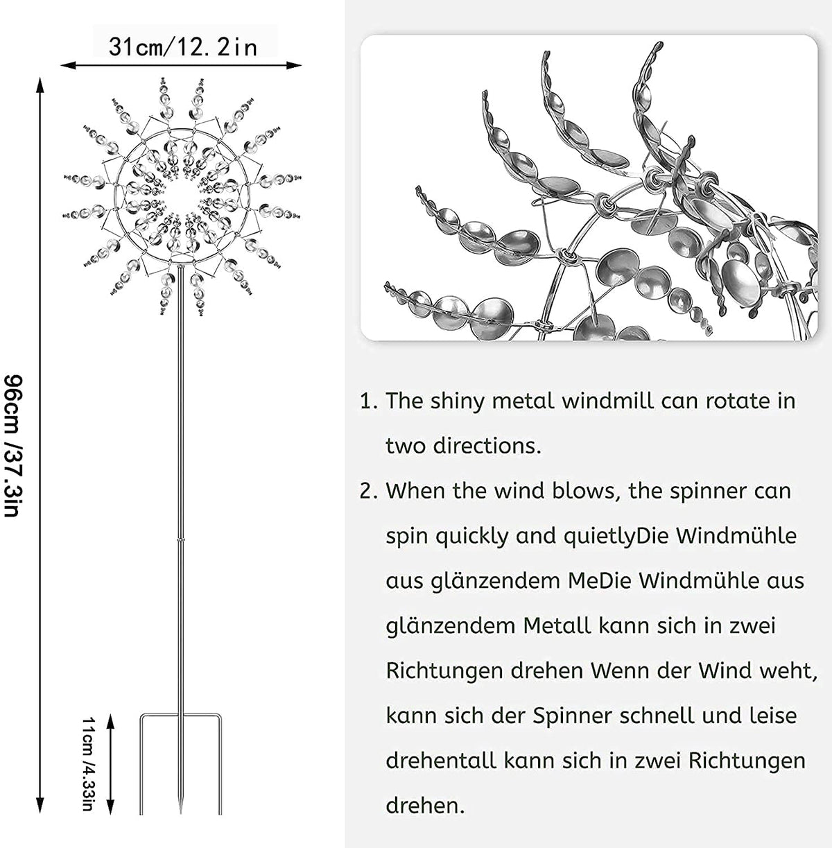 Magical Metal Windmill, Stainless Steel Windmill,Kinetic Metal Wind Spinners Garden Stake, 3D Wind Sculptures Move with The Wind Lawn Solar Wind Catcher Outdoor Patio Garden Decoration (SILVER-1PCS)