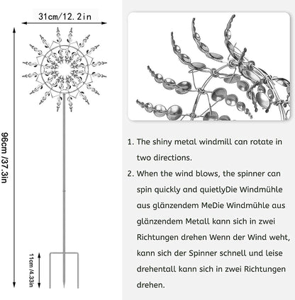 Magical Metal Windmill, Stainless Steel Windmill,Kinetic Metal Wind Spinners Garden Stake, 3D Wind Sculptures Move with The Wind Lawn Solar Wind Catcher Outdoor Patio Garden Decoration (SILVER-1PCS)