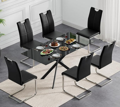 51.18" Glass Dining Table for 4-6, Dining Room Table with Black Tempered Glass and Black Metal Legs, Modern Rectangular Kitchen and Dining Room Dinner Table for Kitchen