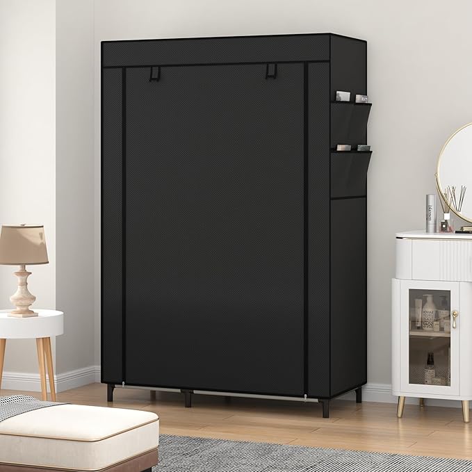 Calmootey Portable Closet Organizers, Clothing Storage, Wardrobe with 6 Shelves and Hanging Rod, Non-Woven Fabric Cover with 4 Side Pockets, Black