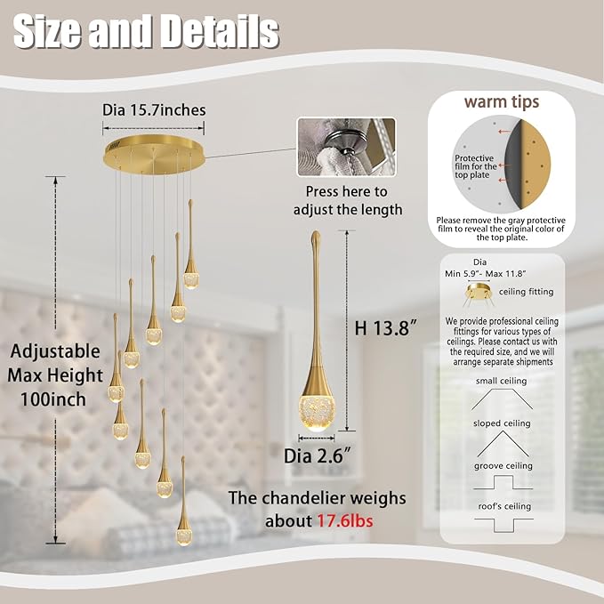 H100'' Modern Chandelier 9-Lights Gold Foyer Entrance Chandeliers High Ceiling Chandelier LED Dimmable 2700-6000K Fixtures
