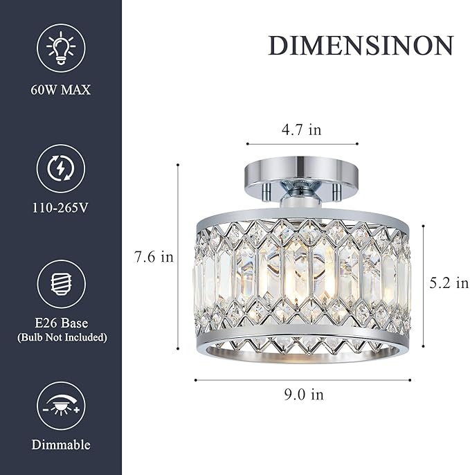 Crystal Chrome Ceiling Light, Modern Semi Flush Mount Ceiling Lighting Fixture, Round Hallway Lighting Fixtures for Entryway Kitchen Bedroom Laundry Room, 1-Light, 9 Inch