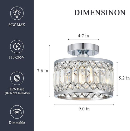 Crystal Chrome Ceiling Light, Modern Semi Flush Mount Ceiling Lighting Fixture, Round Hallway Lighting Fixtures for Entryway Kitchen Bedroom Laundry Room, 1-Light, 9 Inch
