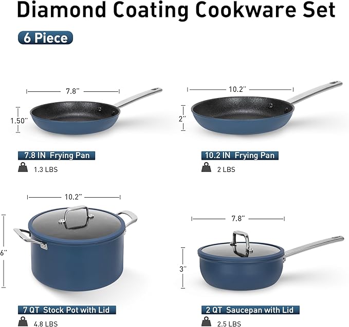 MAISON ARTS Plasma Titanium Coating Non stick Cookware Sets, 6 Piece Induction Pots and Pans Set, Non-Toxic Deep Frying Pan and Casserole with Silicone Glass Lid