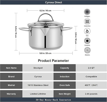 Tri-Ply Stainless Steel Sauce Pan with Steamer Basket & Straining Glass Lid — Heavy-Duty, Thick Base,Rust-Resistant,Warp-Free —100% Food-Grade —Built to Last– Works with All Stovetops, Pasta Pot 2 QT