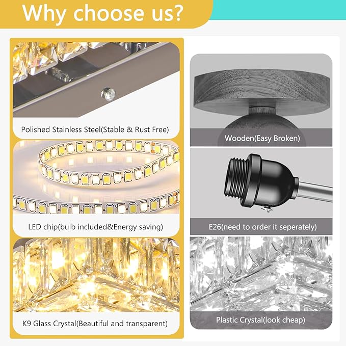 Square Crystal Ceiling Light 10.6" Modern LED Bedroom Chandelier Small Flush Mount Ceiling Lights Fixture for Kitchen Dining Room (Warm Light)