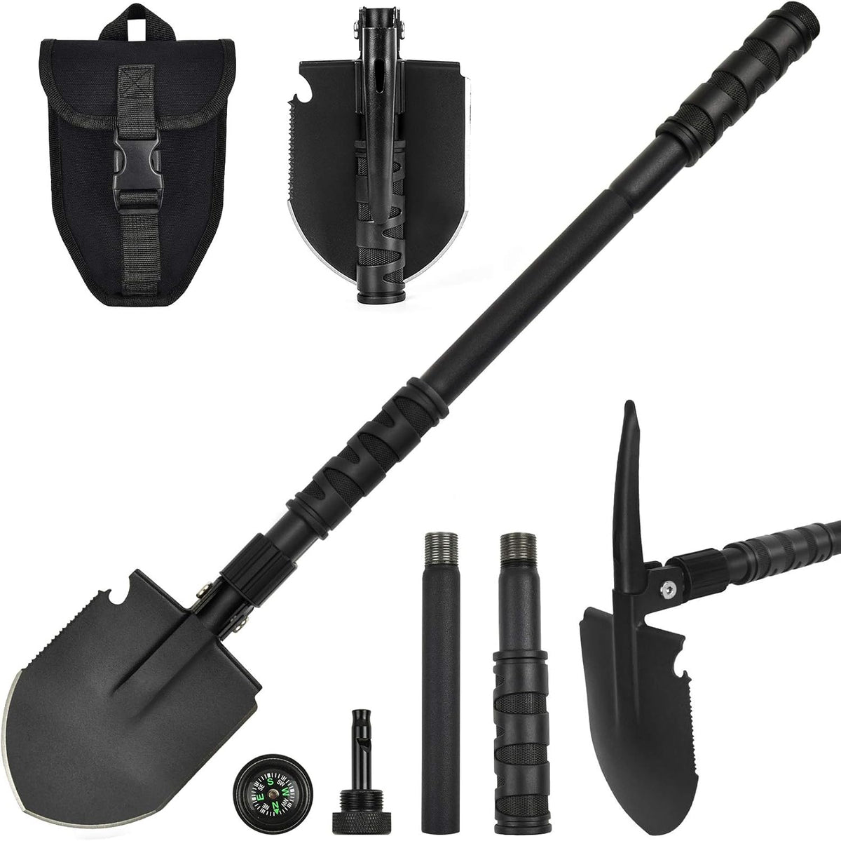 Camping Shovel, (24.21'') Survival Off Road E Tool Folding Shovel with Pickaxe, Portable Bag, High Carbon Steel, for Digging, Backpacking, Hiking, Gardening, Emergency, Outdoor
