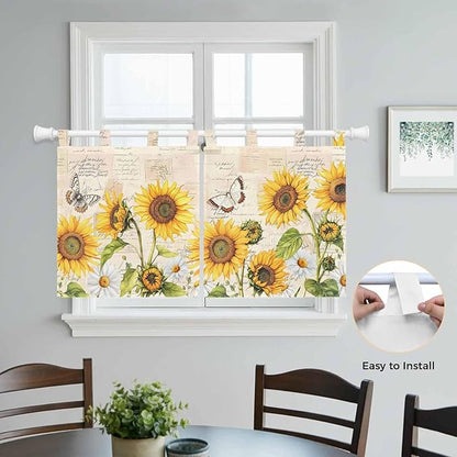 Yellow Sunflowers Kitchen Curtains 36 Inch Length, Small Window Curtains Tab Top, Country Farm Butterfly Flower Light Beige Light Filtering Short Window Treatments Tier Drapes 27.5"x36" 2 Panel