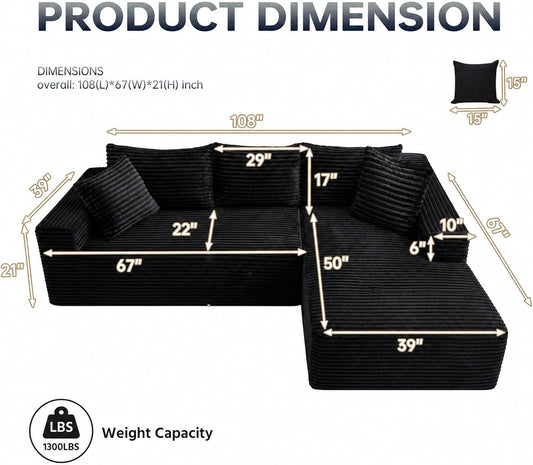 108" Modular Sectional Cloud Couch for Living Room Deep Seat L Shapes Couch with Oversized Chaise Lounge, Comfy Memory Foam Flannel Fabric Sofa for Bedroom Apartment, No Assembly Required
