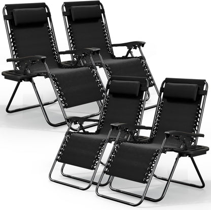 Nestl Zero Gravity Chairs Set of 4, Patio Lounge Chair Outdoor with Pillows & Cup Holder Trays, Adjustable Steel Mesh Reclining Camping Chair, Folding Patio Lawn Chair for Deck, Beach, Yard - Black