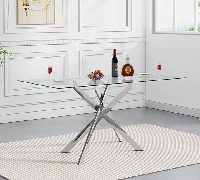 51.18" Glass Dining Table for 4-6, Dining Room Table with Clear Tempered Glass and Silver Metal Legs, Modern Rectangular Kitchen and Dining Room Dinner Table for Kitchen