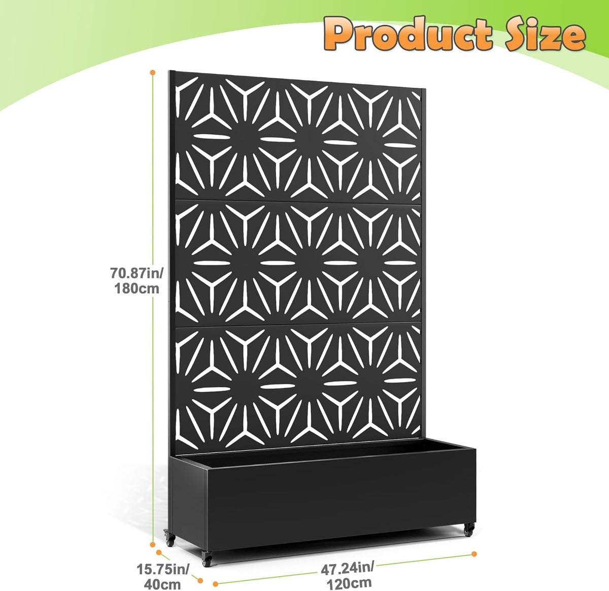 Metal Raised Garden Bed with Trellis, 2 in 1 Trellis with Planter Box & Privacy Screen for Climbing Plants, Vine, Outdoor Standing Flower Beds with Drainage Holes,47.2"L x 16.7"W x 70.8"H,(Black-Star)