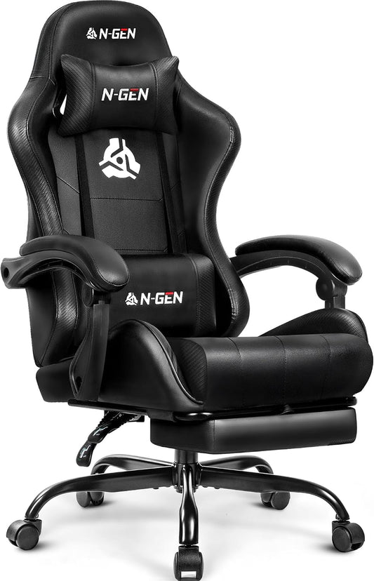 N-GEN GAMING Gaming Chair with Footrest, Lumbar, High-Back, All Black | Reclining Backrest, Linkage Armrests, Durable PU Leather, Adjustable Comfort for Extended Computer, Desk, or Home Office Use
