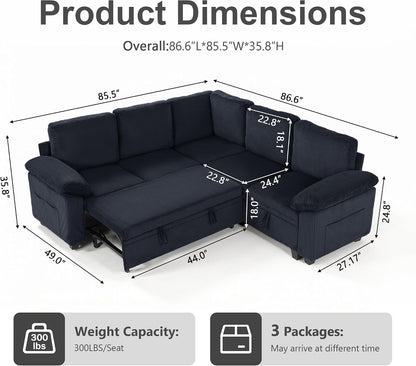 86″ Sectional Sleeper Sofa with Pull Out Bed, Modular Sectional Couch with Storage