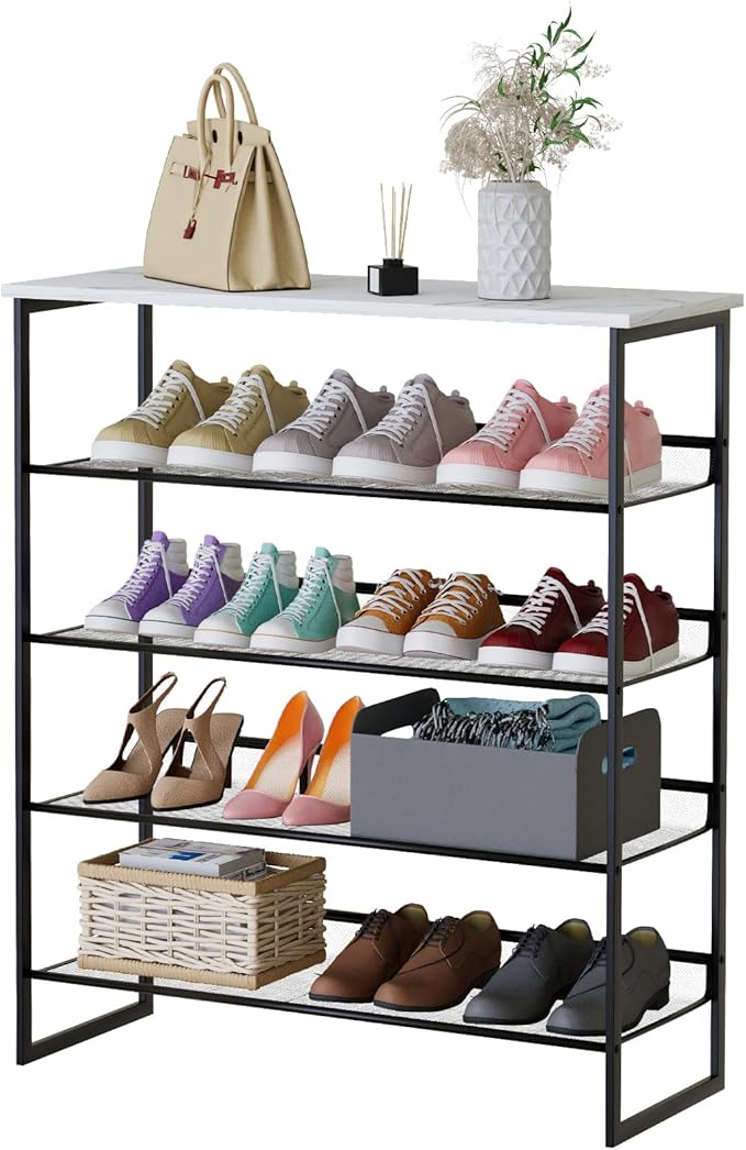 Garden 4 you 5 Tiers Shoe Rack,Multi-Purpose Adjustable Flat and Slant White Marble Freestanding Organizer Storage Rack Shoe Shelf, High Heels Potted Plant for Entryway Hallway Living Room Closet