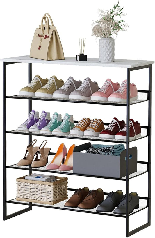 Garden 4 you 5 Tiers Shoe Rack,Multi-Purpose Adjustable Flat and Slant White Marble Freestanding Organizer Storage Rack Shoe Shelf, High Heels Potted Plant for Entryway Hallway Living Room Closet