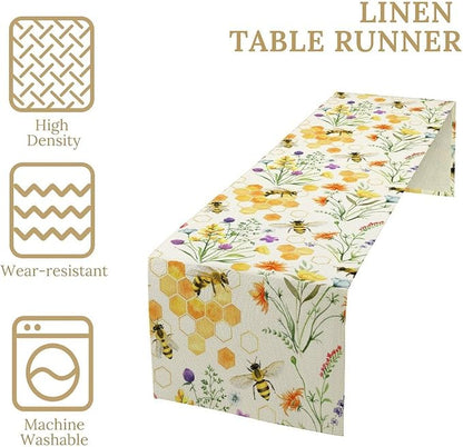 Summer Bee Table Runner, Seasonal Spring Wildflowers Bee Yellow Honeycombs Farmhouse Table Runner for Kitchen Dining Table Home Party Decor, 13x70inch