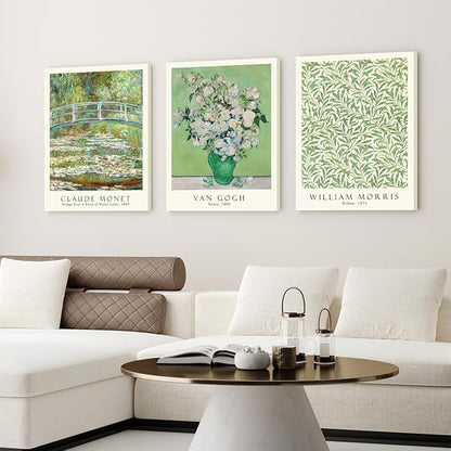 FASWQ Framed Monet Van Gogh William Morris Wall Art, Grass Botanical Wall Decor, Mid Century Impressionist Canvas Paintings, Modern Green Landscape Poster Print for Living Room Bedroom 12"x16"x3