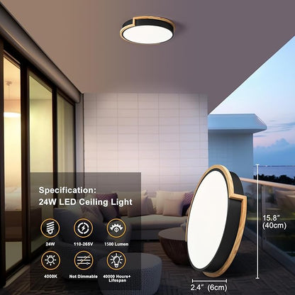 Modern LED Close to Ceiling Light, Round Flush Mount Ceiling Lighting Fixture, Matte Black with Wood Accent, Minimalist Kitchen Light Fixtures for Bedroom, Entryway, Living Room, 15.8in