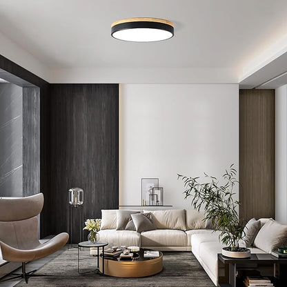 Dimmable Wood LED Ceiling Light, 5CCT 2700K-6000K Modern Black Flush Mount Ceiling Light, Minimalist Round Close to Ceiling Light Fixture for Living Room, Bedroom, Kitchen, 15.74in