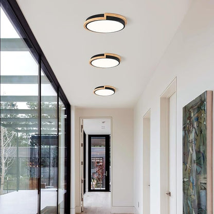 Dimmable Wood LED Flush Mount Ceiling Lights, 5CCT 2700K-6000K Black Hallway Lighting Fixtures, Minimalist Circular Ceiling Lamp for Bedroom Laundry Room Kitchen Entryway