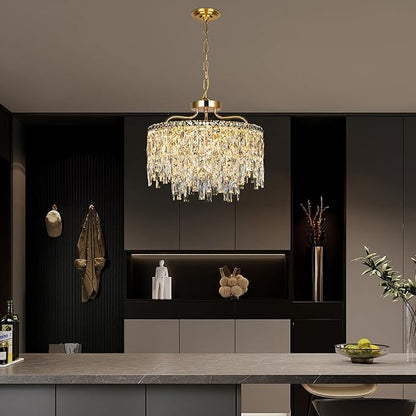 6 Light Gold Crystal Chandelier | Modern Crystal Chandeliers for Dining Room Light Fixture | Luxury Ceiling Pendant Lighting for Living Room | Bedroom | Entryway | Foyer | Staircase | Barthroom