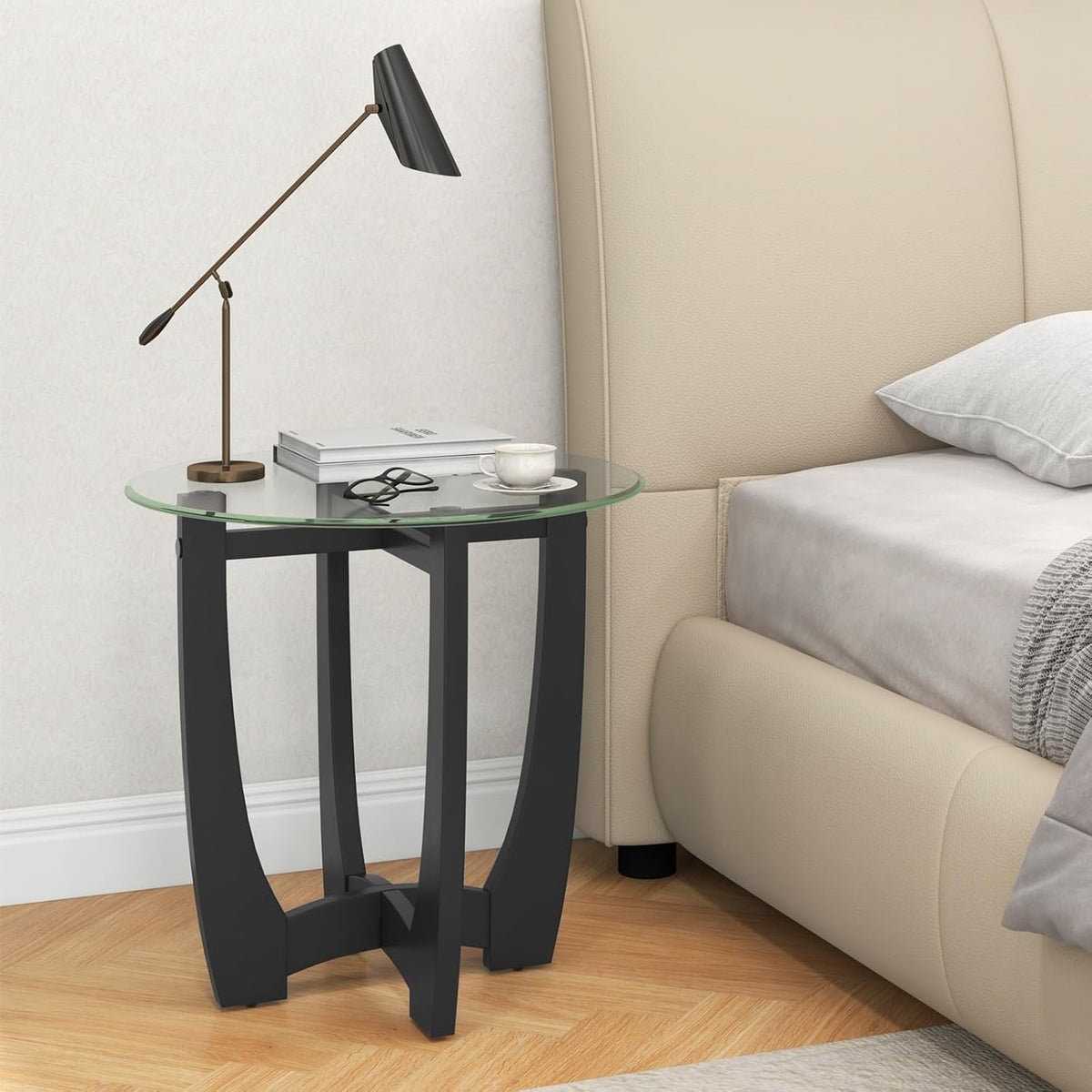 Giantex Glass End Tables Set of 2, Round Side Tables with Rubber Wood Frame & Tempered Glass Top, 23.5" Small Black Coffee Table, Modern Glass Nightstand for Living Room Balcony Bedroom, Easy Assembly