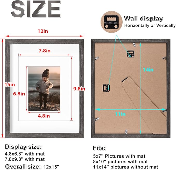 KINLINK 11x14 Picture Frame Ash Black, Solid Wood Frames with Acrylic Plexiglass for Pictures 5x7/8x10 with Mat or 11x14 without Mat, Tabletop and Wall Display, Set of 4