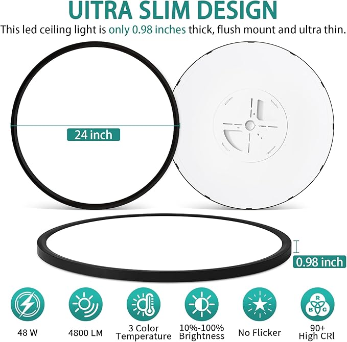 24 Inch Dimmable LED Ceiling Light Fixture, Ultra Thin Flush Mount, 48W 4800Lumen, 3 Color Changeable, Round, Black, for Dining Room, Living Room, Bedroom, Office, Hotel