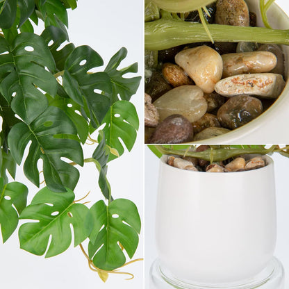 DILATATA Fake Plants Indoor 8 Inch Artificial Monstera Plant in White Ceramic Pot - Faux Potted Tropical Palm Plant for Home Aesthetic Decor Living Room Shelf Office