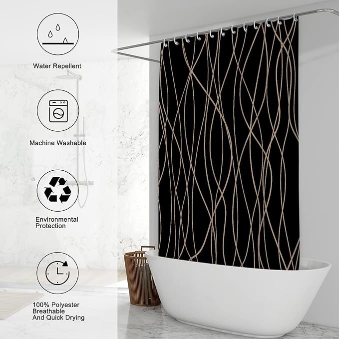 Punkray Black and Brown Striped Wavy Line Polyester Shower Curtain for Bathroom with Hooks, Weighted Hem, Waterproof Bath Accessories Hotel Style, 72 x 72
