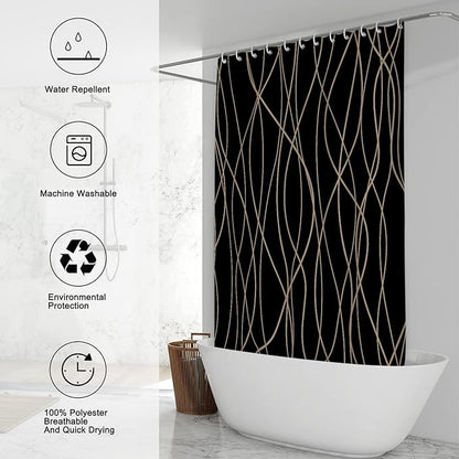 Punkray Black and Brown Striped Wavy Line Polyester Shower Curtain for Bathroom with Hooks, Weighted Hem, Waterproof Bath Accessories Hotel Style, 72 x 72