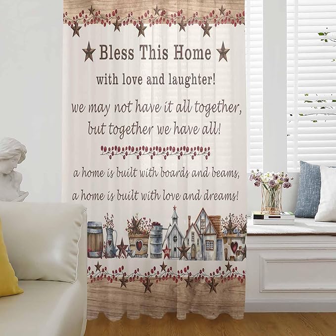 Farmhouse Sheer Curtains 54 Inch Length Country Star Barn Berry Brown Wood Plank Chiffon Curtain for Bedroom Living Room Light Filtering Rod Pocket Window Treatments Voile Curtains Drapes for Kitchen