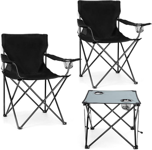 Leonyo 2 Pack Camping Chairs for Adults, Lawn Chairs with Table, Heavy Duty Folding Chairs for Outside Oversized & Comfy Sports Chair for Adults Fishing, Beach, Patio, Hiking, Lawn, Travel - Black