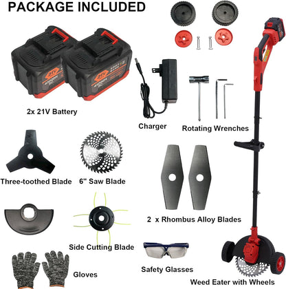Electric Weed Wacker Cordless Weed Eater Battery Powered, 21V Stringless Grass Trimmer/Edger/Brush Cutter/Lawn Mower, 2 Battery with Wheel & Blades for Yard Garden