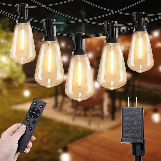 50ft LED String Lights with Remote, 25+1 Bulbs Dimmable String Lights for Outside, ST38 Patio Lights Outdoor Waterproof, Decorative Hanging Lights for Deck, Garden, Backyard