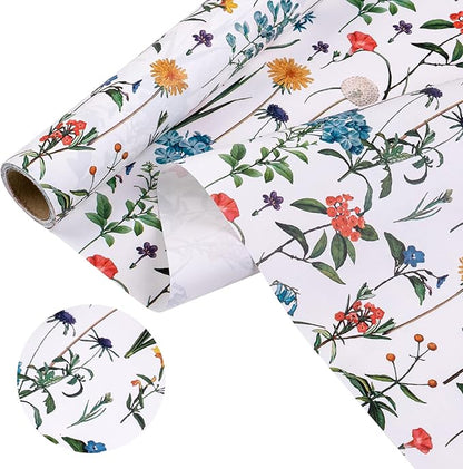 WRAPAHOLIC Kraft Wildflower Wrapping Paper - Mini Roll - 17 Inch x 16.5 Feet - Floral Wrapping Paper for for Wedding, Birthday, Bridal Shower, Tea Party