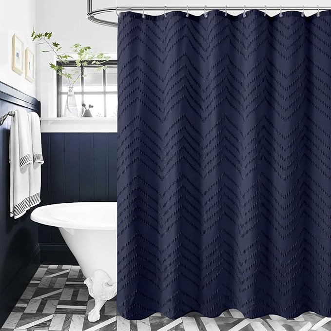 Navy Blue Fabric Shower Curtain Boho Tufted Chevron Striped Textured Cloth Curtains for Bathroom Farmhouse Shabby Chic Waterproof Set with Hook, Wrinkle Free