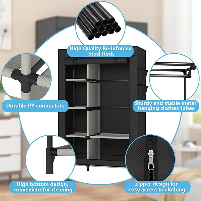 Calmootey Portable Closet Organizers, Clothing Storage, Wardrobe with 6 Shelves and Hanging Rod, Non-Woven Fabric Cover with 4 Side Pockets, Black