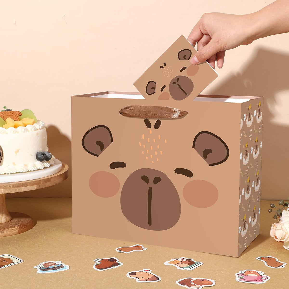 Large Capybara Birthday Gift Bag,Cute Capybara Wrapping Paper Bag Brown Capybara Party Decoration Gift Bag with Tissue Paper and Greeting Card for Capybara Animal-Themed Birthday Party Supplies