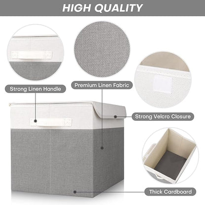 Large 17" 42 Quarts Collapsible Stackable Storage Bins with Lids [3-Pack] Foldable Fabric Linen Storage Boxes Cube, Closet Organizer Baskets with Label (16.7 x 12 x 12", Gray & White)