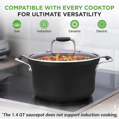 NutriChef 14-Piece Non-Stick Pots & Pans Set - Multi-Sized Cooking Pots with Lids, Small and Medium Frying Pans with Slotted Spatula, Pasta Server, Soup Ladle, Silicone Handles (Copper Color)