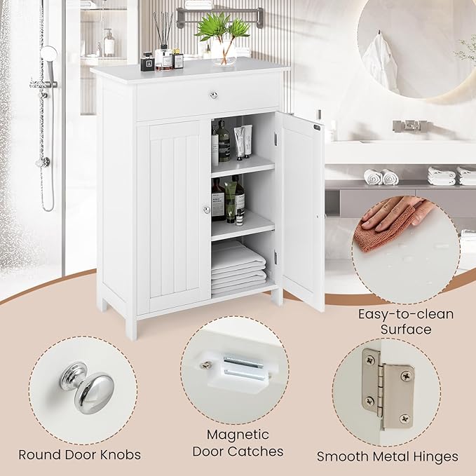 Giantex Storage Cabinet, White Bathroom Cabinet with 2 Doors, 1 Drawer, 3-Level Adjustable Shelf, Modern Wooden Storage Organizer for Laundry Room, Entryway, Living Room