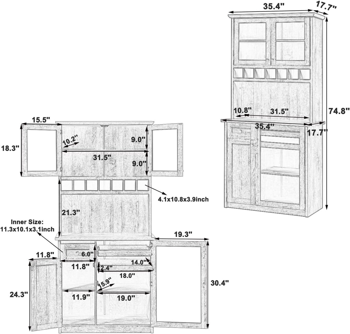 Kitchen Pantry Storage Cabinet, Tall Freestanding Farmhouse Buffet with Hutch 74.8” Tall, Adjustable Shelves & Wine Rack Built in, Large Cupboard for Living Room, Dining Room, Blue