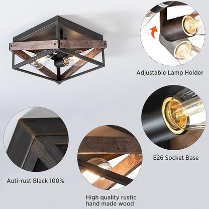 MAYNA 2-Light Rustic Ceiling Light Fixture, Farmhouse Flush Mount Ceiling Light, Metal and Wood Square Ceiling Lamp for Hallway Living Room Farmhouse, Antique Bronze Finish